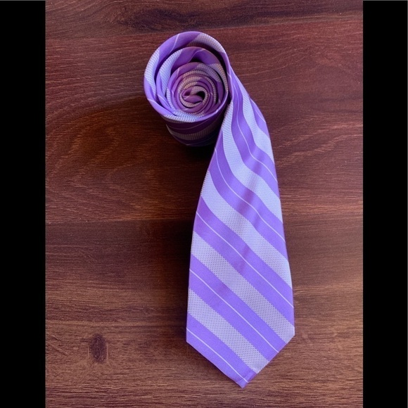 🍁SALE🍁 CALVIN KLEIN Silk Stripes White Violet Necktie - Picture 1 of 8